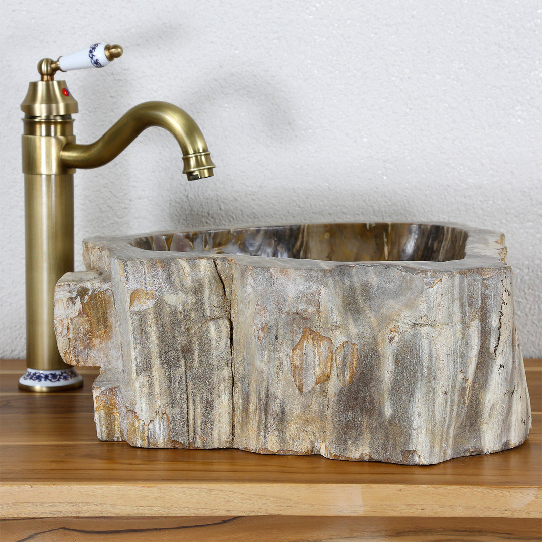 piedra natural Lavabo Hecho de madera petrificada con una distintiva estructura fósil sobre una placa de madera, combinada con un herraje de latón.