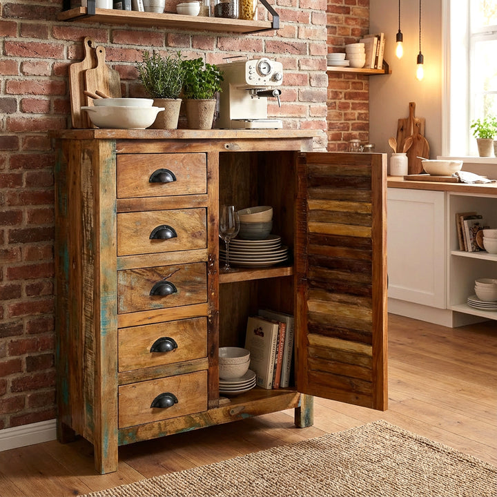 Highboard aus massivem Holz in der Küche, geöffnete Tür, Geschirr im Innenraum, warme Vintage  Wohnszene