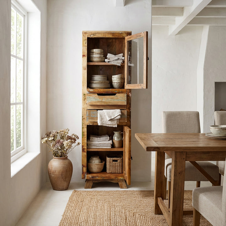 Vitrina de madera maciza y madera vieja con cajón y puertas de estilo rústico, colocada en el comedor