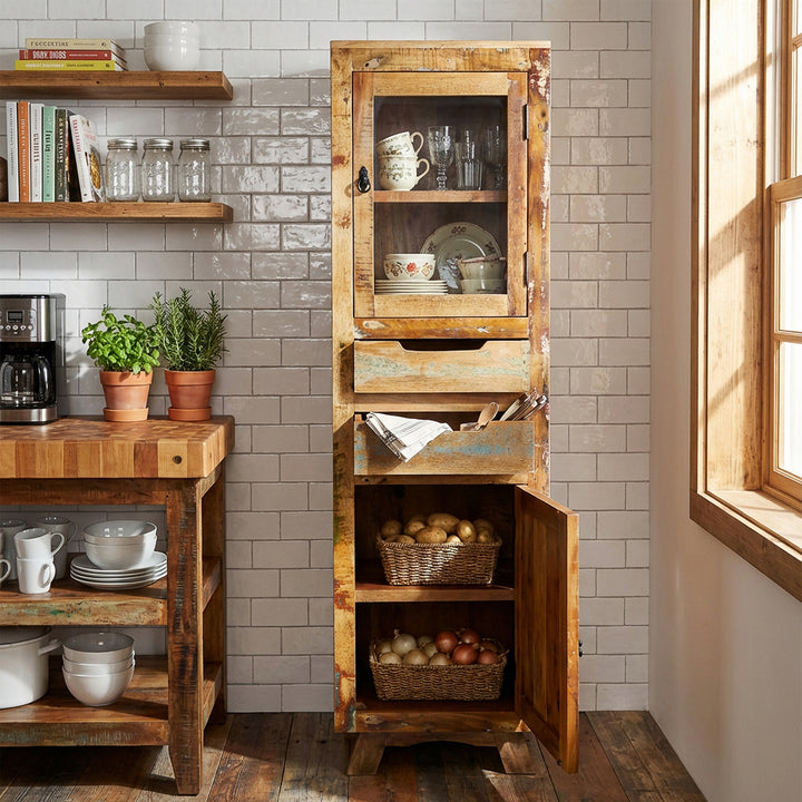 Vitrina de madera maciza y madera vieja con cajón y puertas de estilo rústico vintage, colocada en la cocina