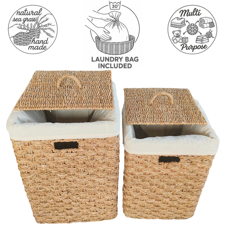 Cestas cuadradas de algas marinas, de aproximadamente 55 y 85 litros: fabricadas a mano, de uso versátil y lavables a 30 °C como bolsas de lavandería.