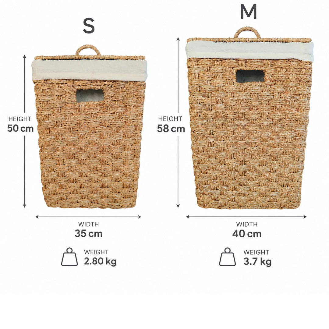 Dimensiones de las cestas cuadradas de algas marinas: S 35 × 35 × 50 cm, 2,8 kg, aprox. 55 litros; M 40 × 40 × 58 cm, 3,7 kg, aprox. 85 litros.