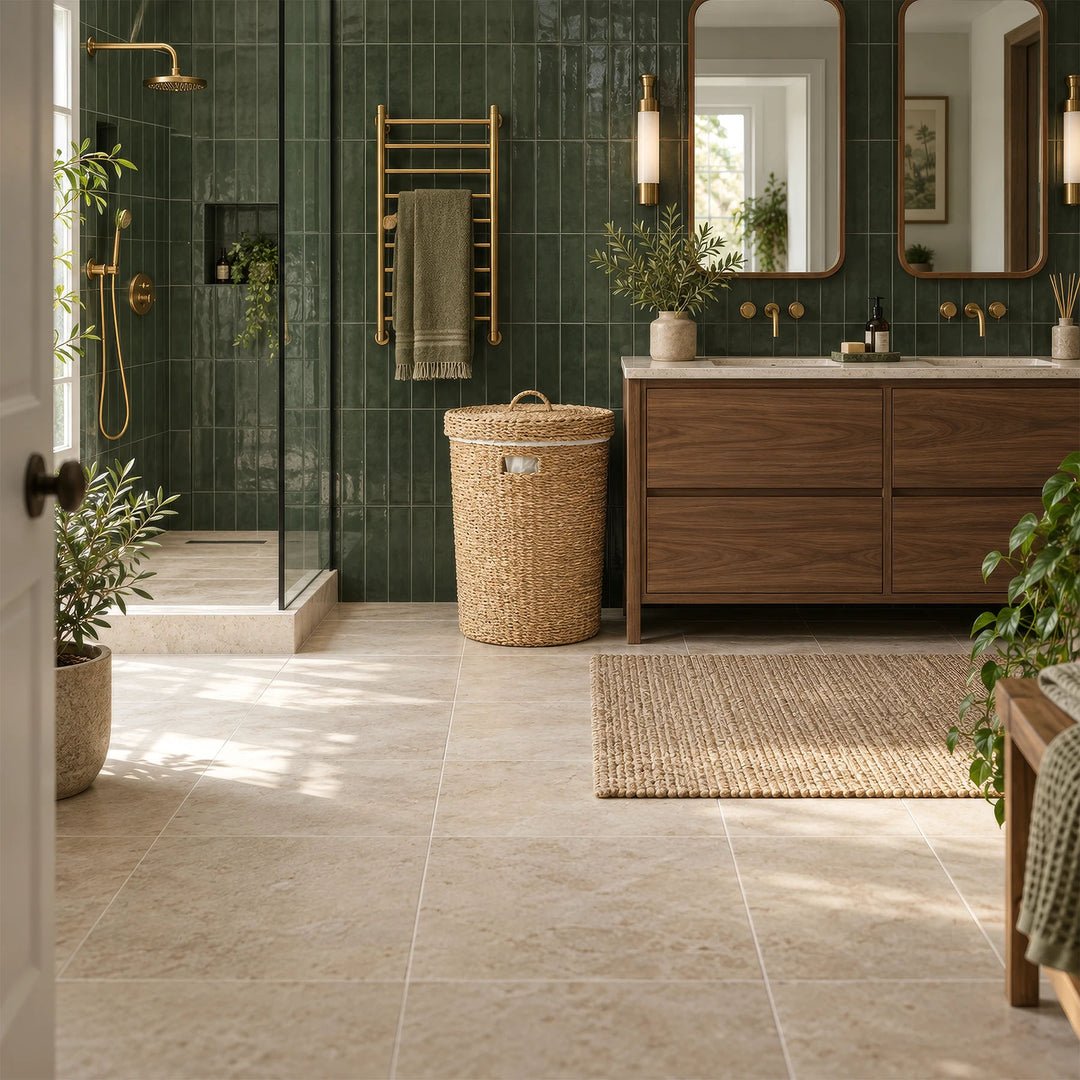 Cesto de la ropa de algas marinas con tapa y 75 litros de capacidad, junto a un lavabo de madera en un cuarto de baño alicatado en verde.