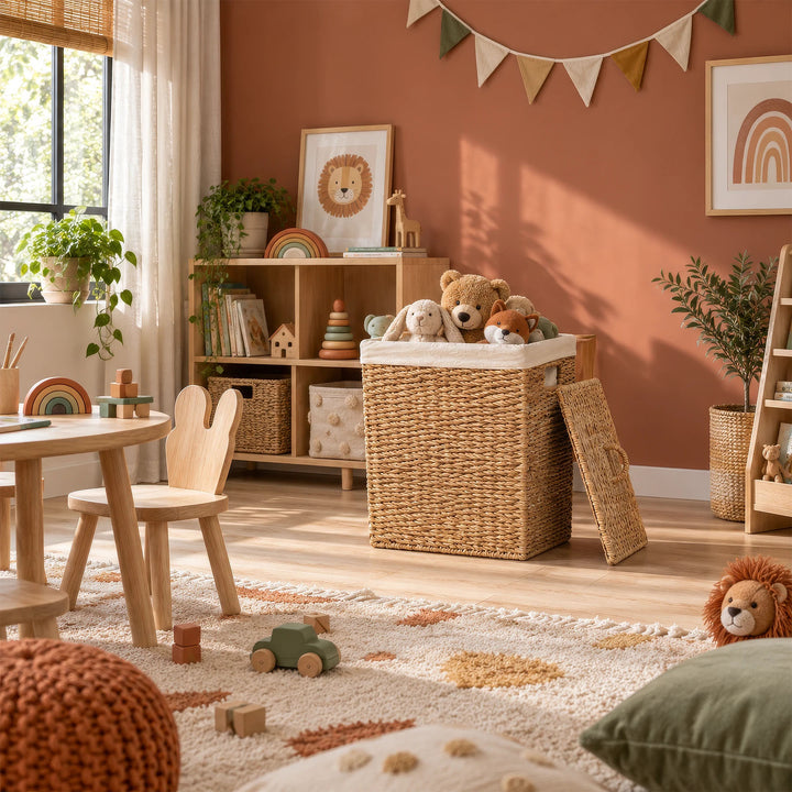 Cesto de la ropa de algas marinas con una capacidad de 90 litros y tapa abatible, lleno de peluches en la habitación de los niños.