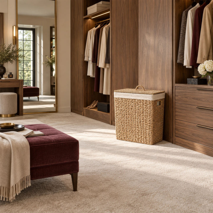 Cesto rectangular para la ropa sucia, fabricado en algas marinas, con tapa y una capacidad de 90 litros, situado frente a un armario de madera en el vestidor.