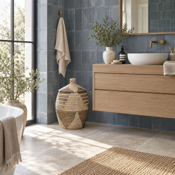 Cesto para la ropa de algas marinas en color natural/marrón/negro/blanco, con tapa y una capacidad aproximada de 30 litros, para el cuarto de baño.