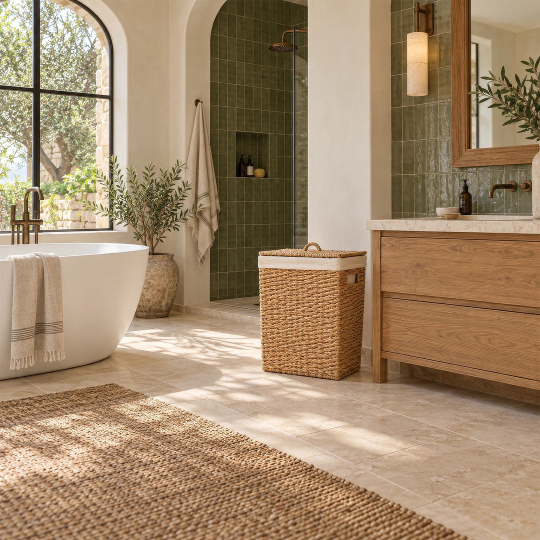 Cesto rectangular para la ropa sucia, fabricado en algas marinas, con tapa y una capacidad de 90 litros, situado entre la ducha y el lavabo de madera del cuarto de baño.
