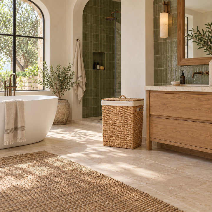 Cesto rectangular para la ropa sucia, fabricado en algas marinas, con tapa y una capacidad de 90 litros, situado entre la ducha y el lavabo de madera del cuarto de baño.