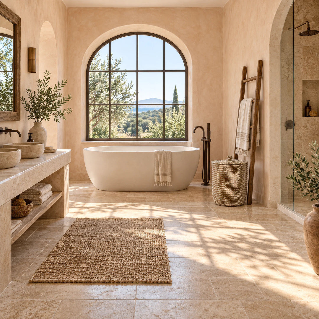 Cesta para la ropa sucia de algas marinas, con tapa y un volumen aproximado de 65 litros, junto a una escalera para toallas en un cuarto de baño de estilo mediterráneo.