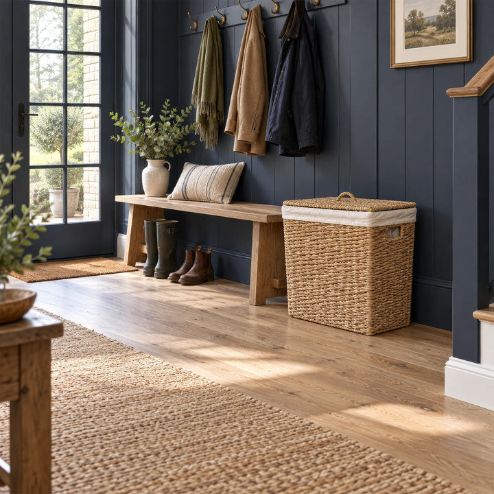 Cesto rectangular para la ropa, fabricado en algas marinas, con tapa y una capacidad de 90 litros, situado junto a un banco de madera en el pasillo, con una pared de color azul oscuro.