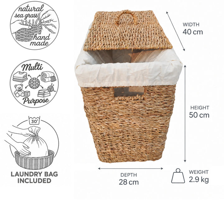 Cesto para la ropa de algas marinas con una capacidad de 50 litros: 40 cm de ancho, 28 cm de profundidad, 50 cm de altura, 2,9 kg; con tapa y bolsa para la ropa.