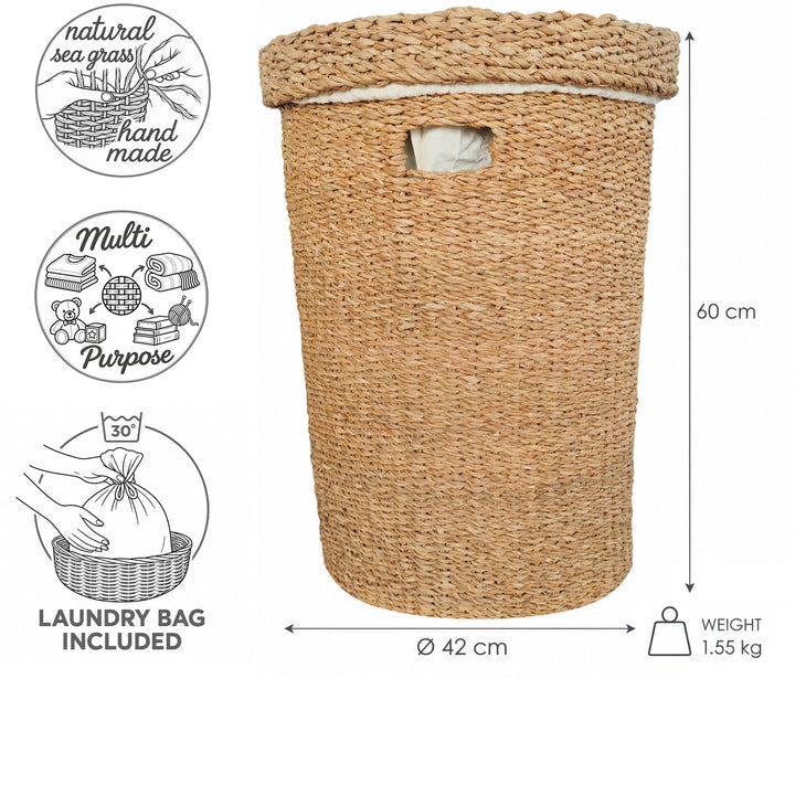 Cesto para la ropa de algas marinas con tapa, 75 litros de capacidad, 42 cm de diámetro, 60 cm de altura y bolsa para la ropa extraíble.