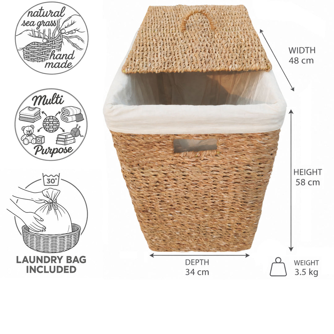 Cesto para la ropa de algas marinas con una capacidad de 90 litros: 48 cm de ancho, 34 cm de profundidad, 58 cm de altura, 3,5 kg; con tapa y bolsa para la ropa.
