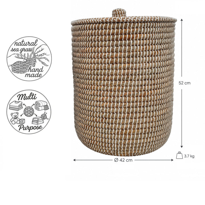 Cesto para la ropa de algas marinas en color natural/blanco: Ø 42 cm, 52 cm de altura, aprox. 65 litros de capacidad y 3,7 kg de peso.
