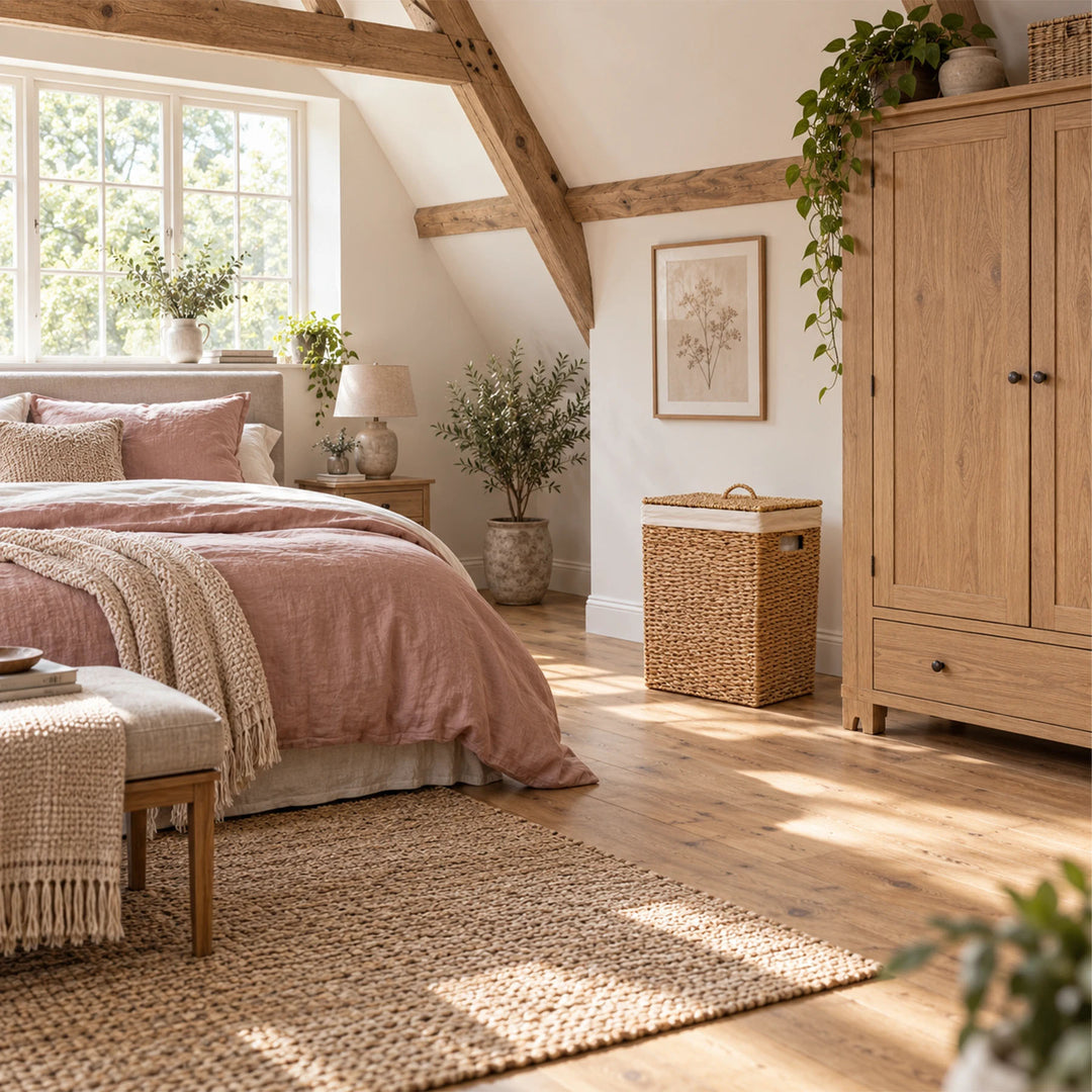 Cesto rectangular para la ropa, fabricado en algas marinas, con tapa y una capacidad de 50 litros, situado junto a un armario de madera en un dormitorio luminoso.
