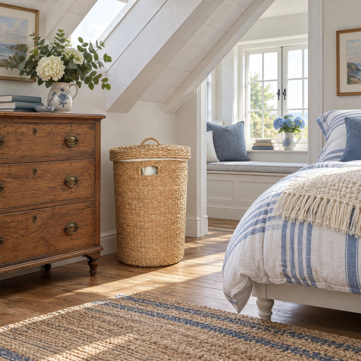 Cesto para la ropa de algas marinas con tapa y 75 litros de capacidad, junto a una cómoda de madera en un dormitorio luminoso.