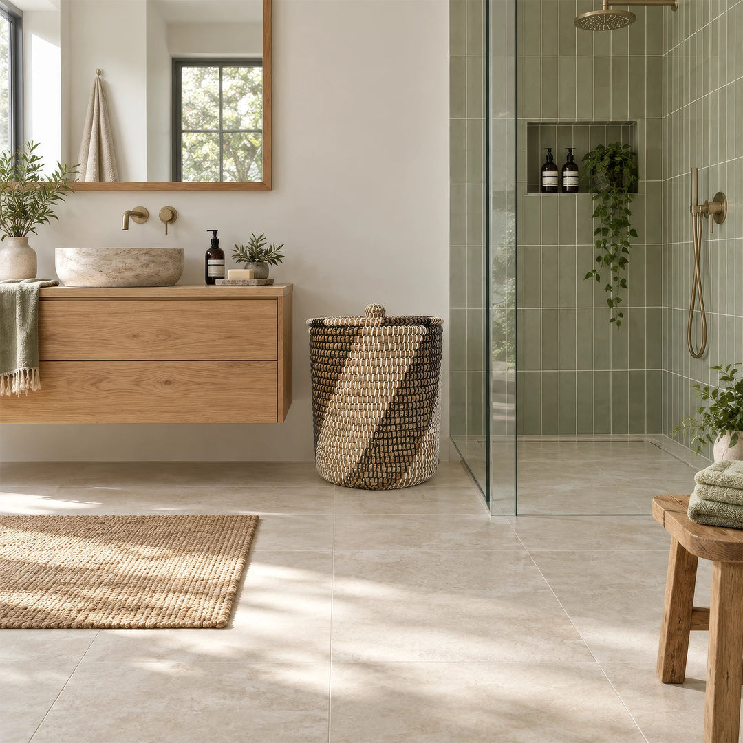Cesto para la ropa de algas marinas, con un volumen aproximado de 40 litros y tapa cerrada, situado entre el lavabo y la ducha.