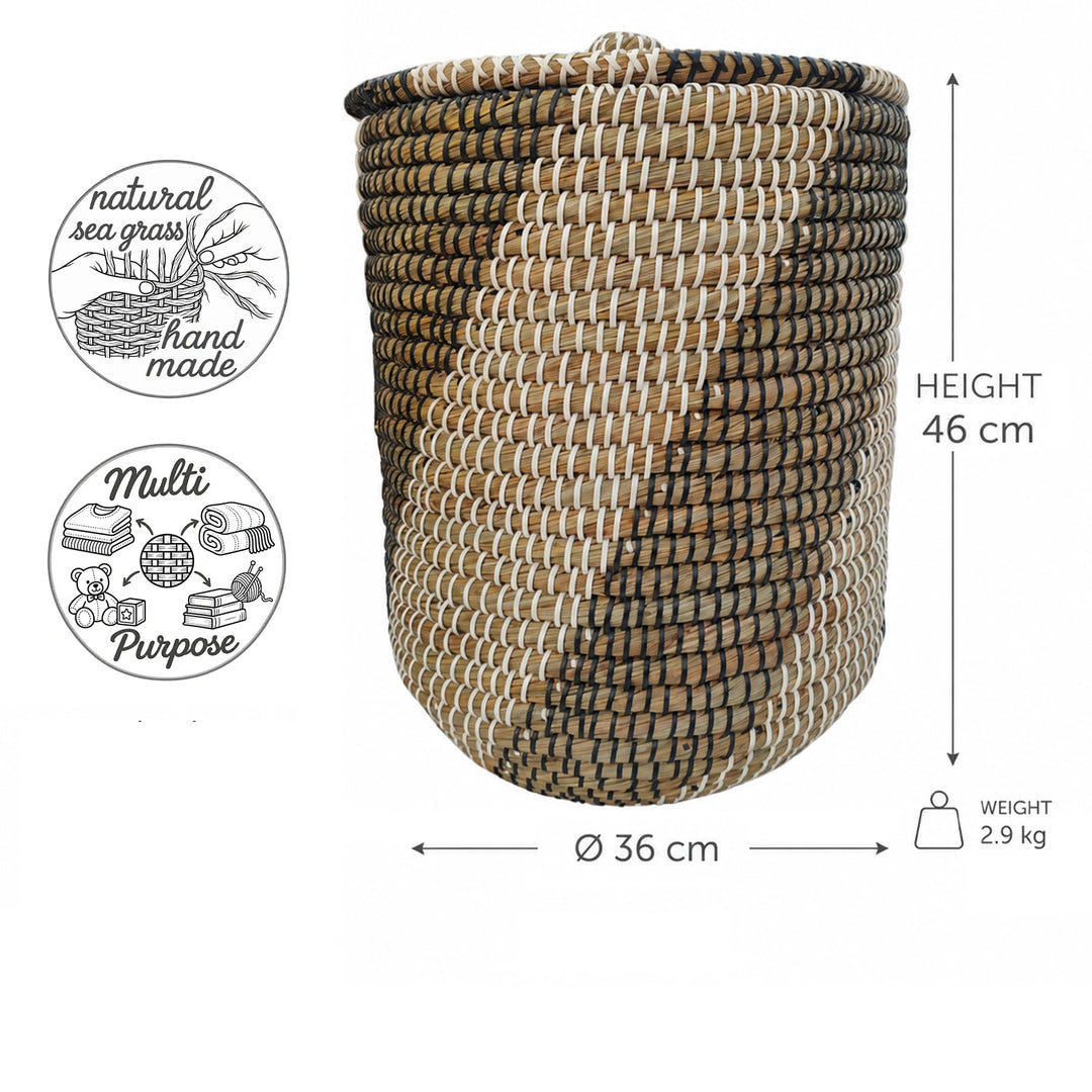Cesto para la ropa de algas marinas en color natural/negro/blanco: Ø 36 cm, 46 cm de altura, aprox. 40 litros de capacidad y 2,9 kg de peso.