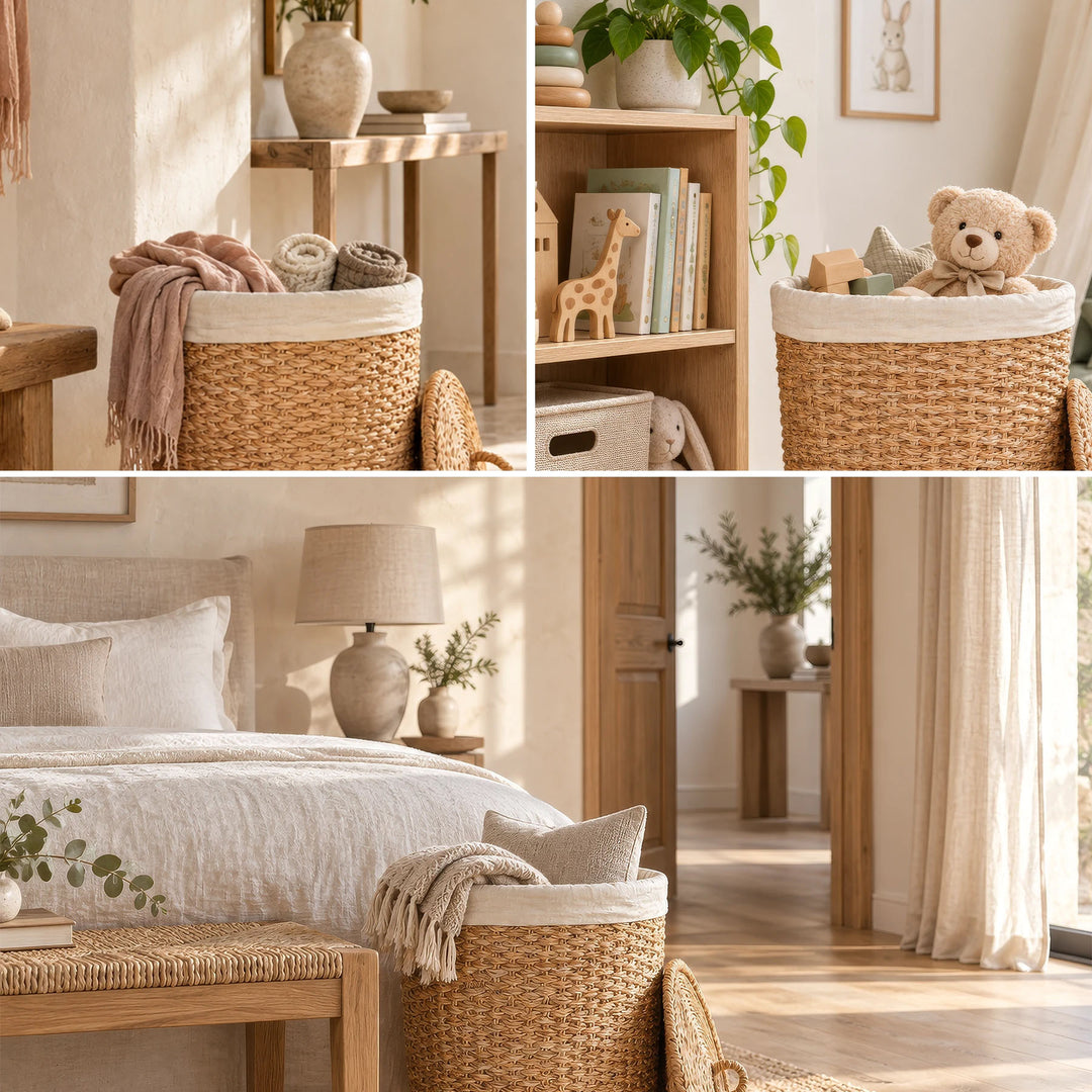 Collage: Cesto de ropa de algas marinas con tapa para bufandas, juguetes y mantas, ideal para el pasillo, la habitación de los niños y el dormitorio.