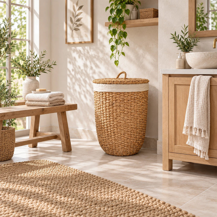 Cesto de la ropa con tapa, fabricado con algas marinas de color natural y con un inserto de tela clara, junto a un lavabo de madera en el cuarto de baño.