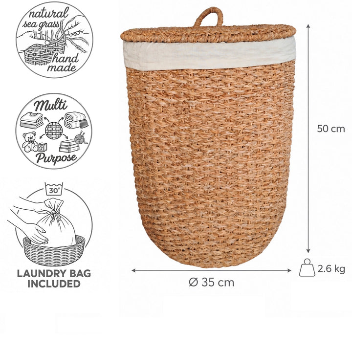 Dimensiones de la cesta de la ropa con tapa de algas marinas: Ø 35 cm, altura 50 cm, 2,6 kg; la bolsa de la ropa se puede lavar a 30 °C.