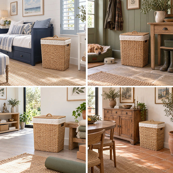 Collage: Cesto de la ropa de algas marinas con tapa y 50 litros de capacidad en el dormitorio, el pasillo, la sala de yoga y el comedor.