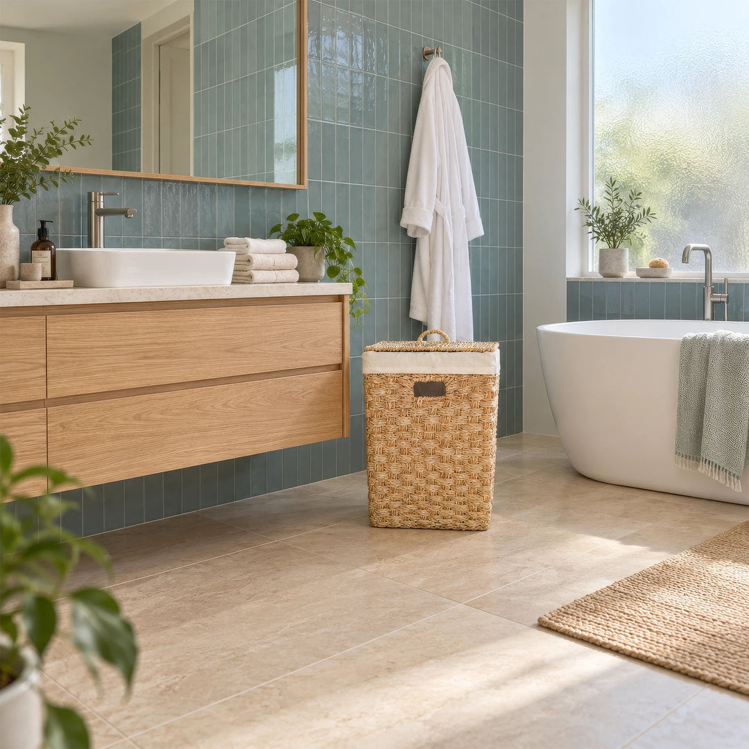 Cesta cuadrada para la ropa sucia, fabricada en algas marinas, con tapa y una capacidad aproximada de 55 litros, situada junto al lavabo del cuarto de baño.