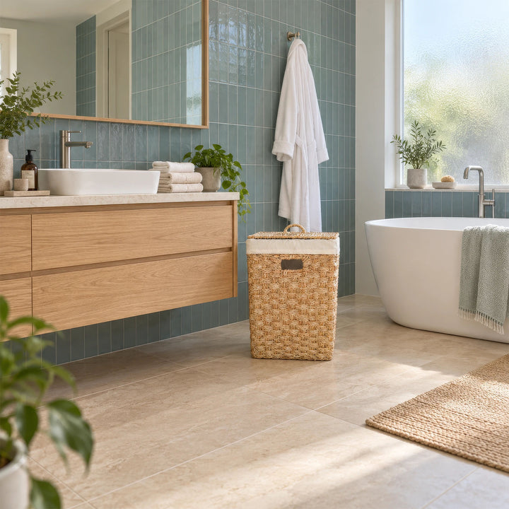 Cesta cuadrada para la ropa sucia, fabricada en algas marinas, con tapa y una capacidad aproximada de 55 litros, situada junto al lavabo del cuarto de baño.