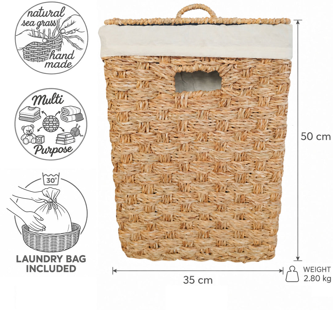 Dimensiones de la cesta cuadrada para la ropa, fabricada con algas marinas y con tapa: 35 × 35 cm, altura 50 cm, capacidad aproximada de 55 litros, peso 2,8 kg.