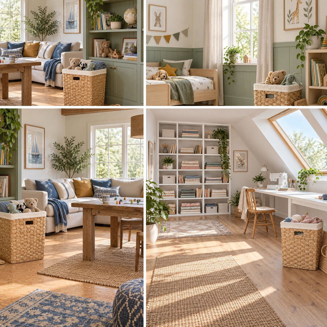 Collage: Cesta cuadrada de algas marinas, de unos 55 litros, para peluches y lana en el salón, la habitación de los niños y el cuarto de costura.