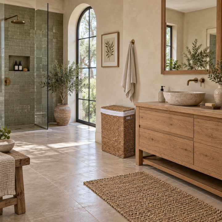 Cesto de ropa estrecho con tapa y 45 L junto a un mueble de lavabo de madera en un baño mediterráneo.