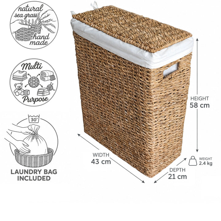 Cesto de ropa estrecho de hierba marina de 45 L: 43×21×58 cm (ancho×fondo×alto), 2,4 kg, con tapa y bolsa para ropa.