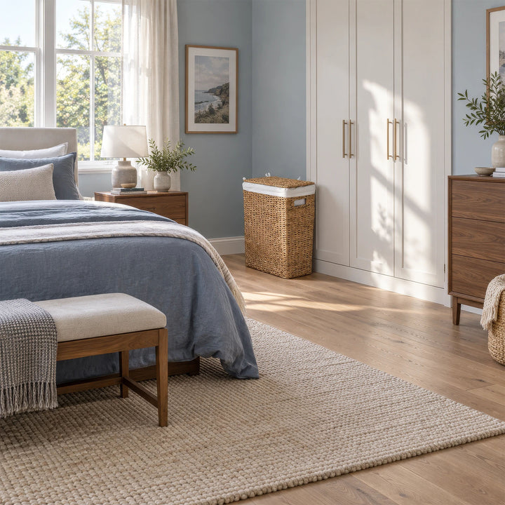 Cesto de ropa estrecho con tapa y 45 L junto a un armario blanco en un dormitorio luminoso.
