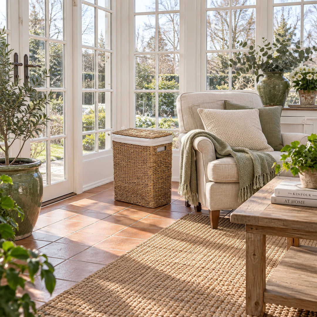 Cesto de ropa estrecho con tapa y 45 L junto a un sillón beige en un jardín de invierno soleado.