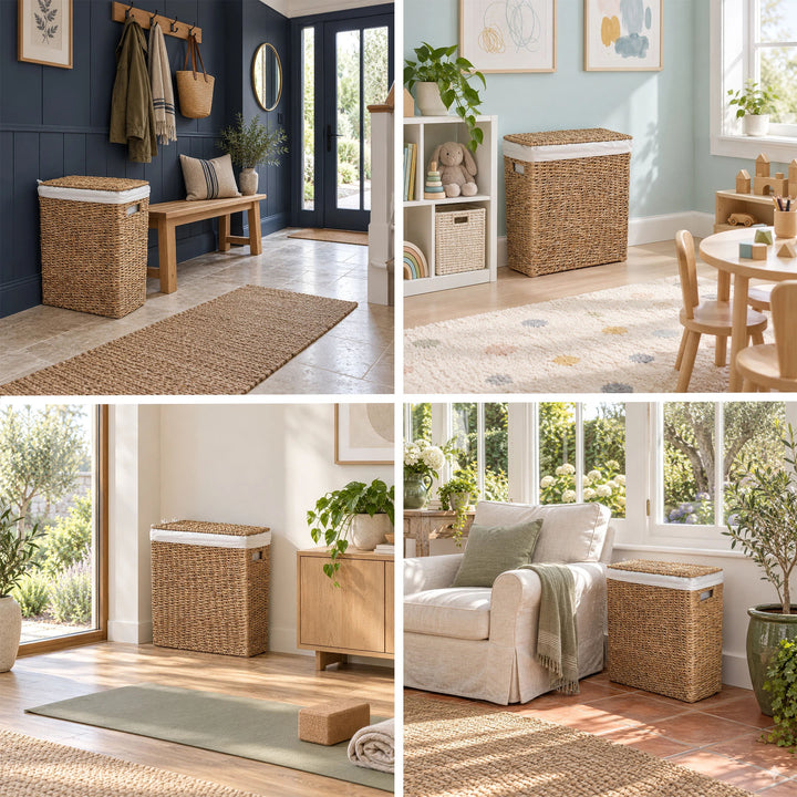 Collage: cesto de ropa estrecho con tapa y 45 L en recibidor, habitación infantil, sala de yoga y jardín de invierno.
