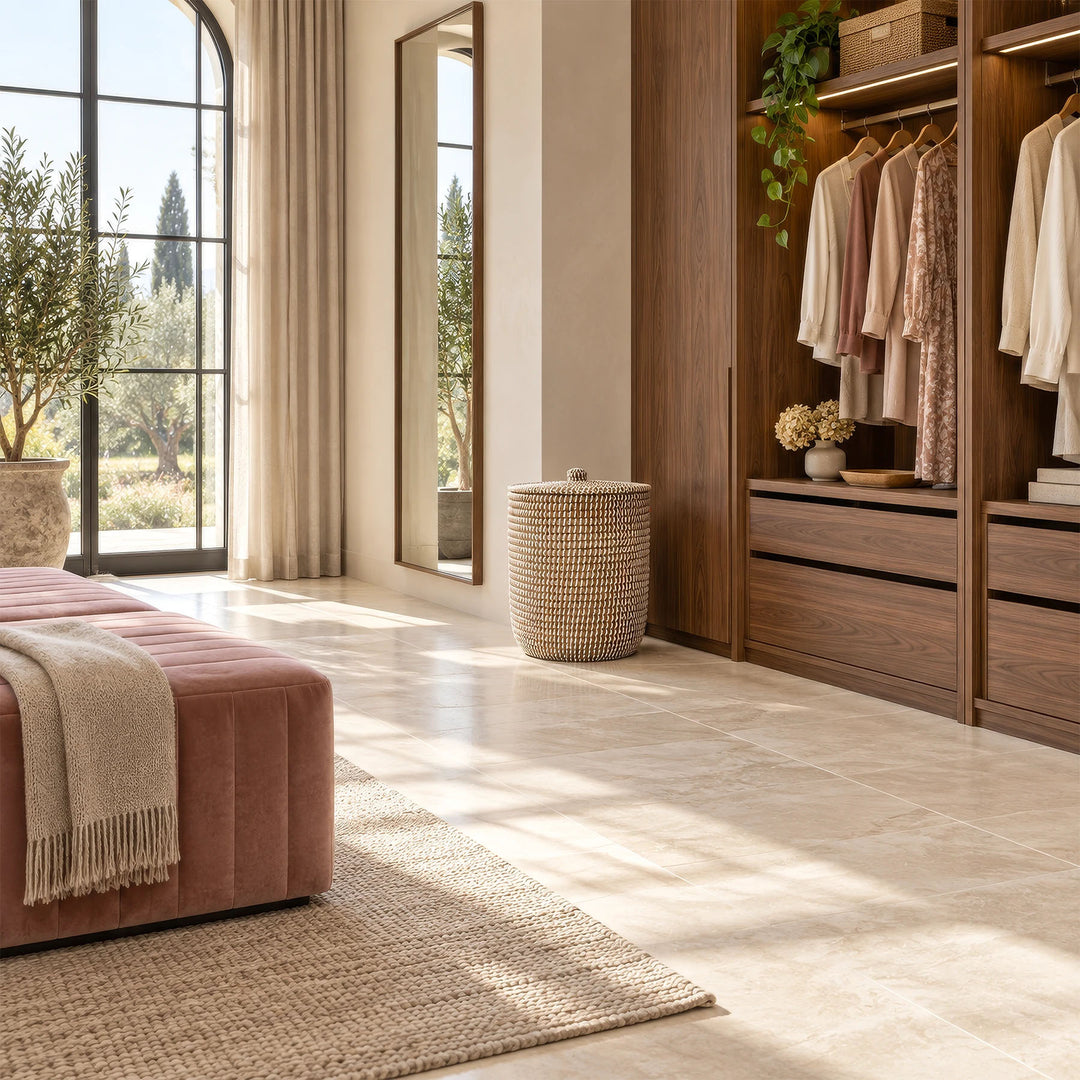 Cesto para la ropa sucia fabricado con algas marinas, con tapa y una capacidad aproximada de 65 litros, situado junto a un armario de madera en el vestidor.