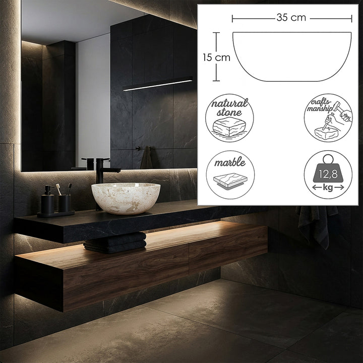 Lavabo sobre encimera redondo de mármol claro sobre lavabo oscuro, complementado con gráficos dimensionales con diámetro, altura y peso.