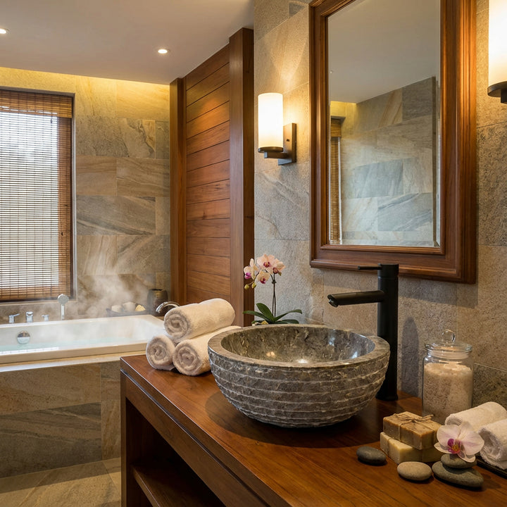redondo Lavabo de mármol sobre consola de madera, elegante baño con bañera, azulejos de piedra natural y luz cálida