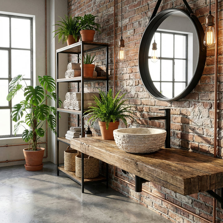 Lavabo redondo con apariencia de mármol hecho de piedra clara sobre una consola de madera con accesorios negros en el baño tipo loft industrial