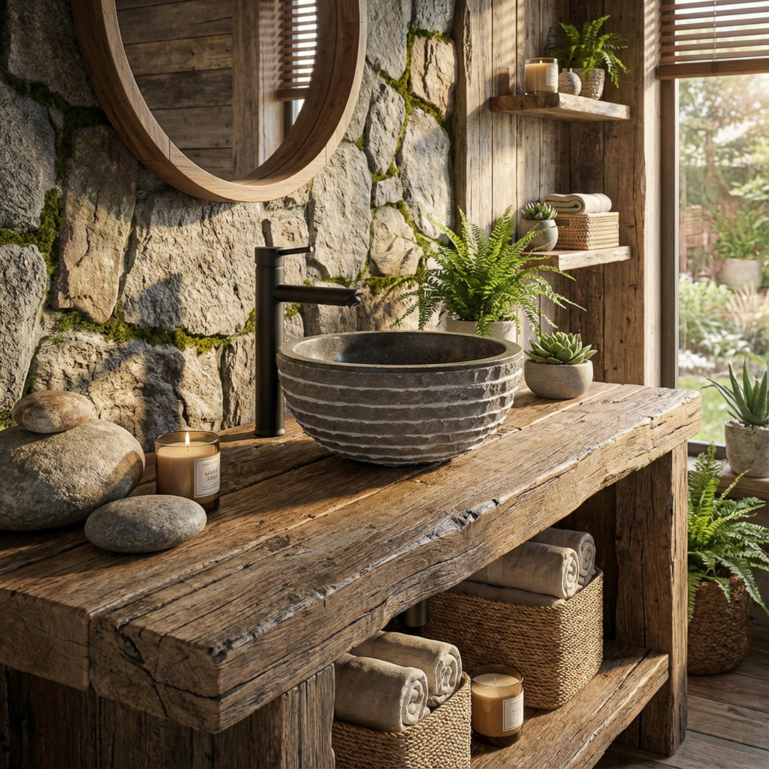 Lavabo redondo de mármol sobre una mesa rústica de madera en un baño natural con paredes de piedra y plantas