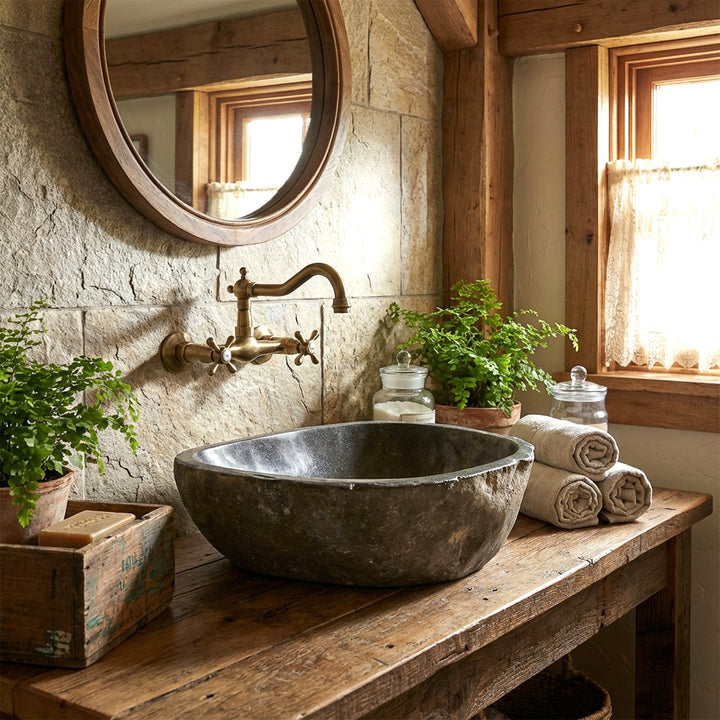 piedra de rioLavabo en el baño de una casa de campo rústica sobre una consola de madera, combinado con un aplique de pared de latón y luz natural