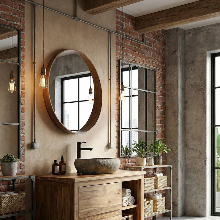 piedraLavabo en un moderno baño tipo loft sobre un lavabo de madera, combinado con grifería negra y un ambiente industrial