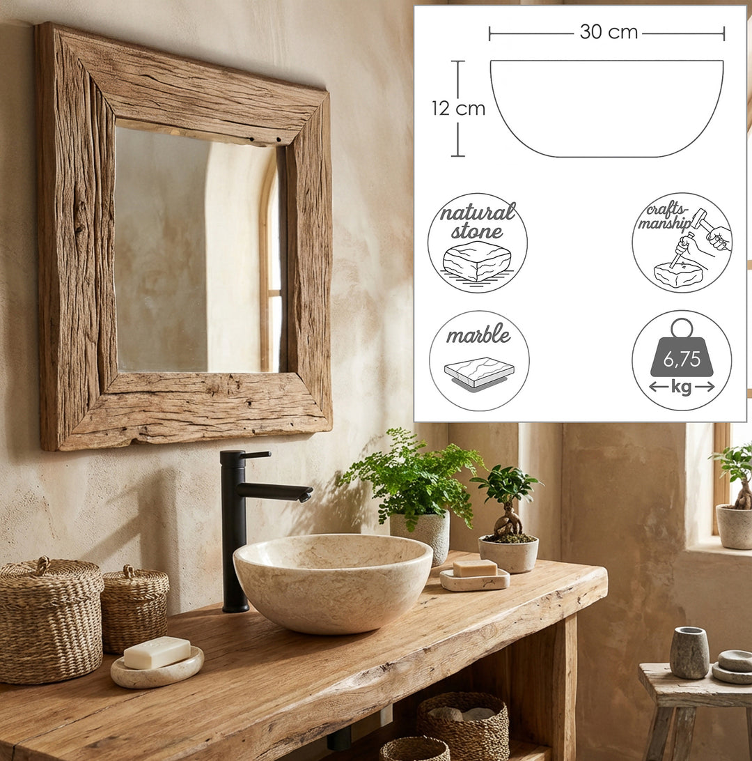 Lavabo sobre encimera redondo de mármol claro sobre lavabo de madera, complementado con gráficos dimensionales con diámetro, altura y peso.