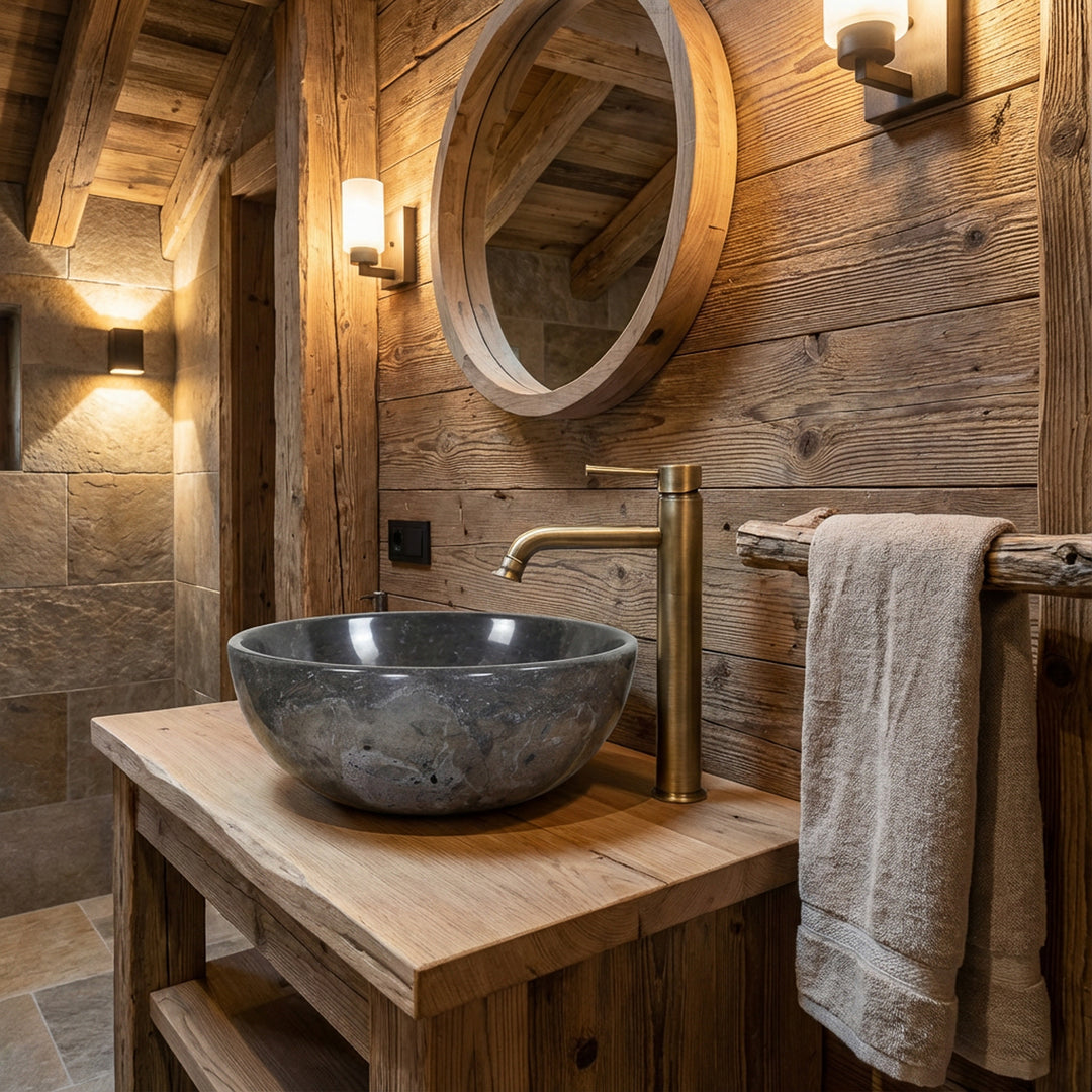 Lavabo de mármol con encimera redonda sobre lavabo de madera rústica en baño tipo chalet con accesorios de latón