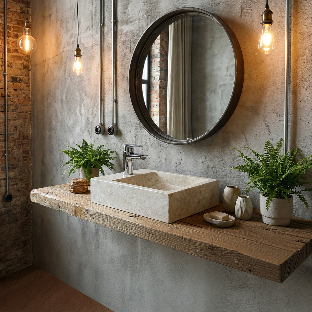 Lavabo sobre encimera rectangular de mármol claro sobre consola flotante de madera con grifería cromada en el baño industrial