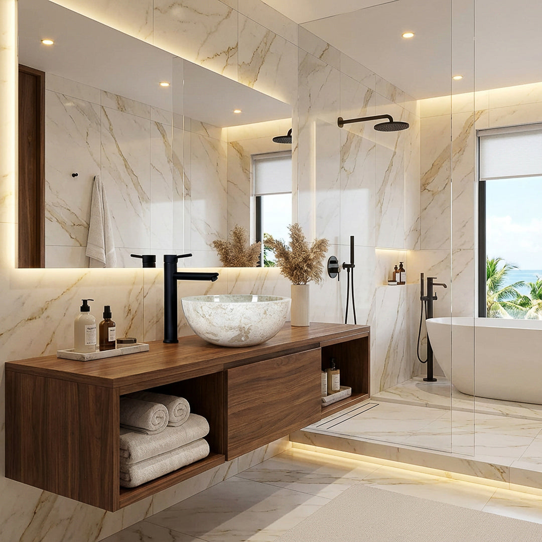 Lavabo sobre encimera redondo de piedra clara sobre tocador flotante de madera con grifo negro en un moderno baño spa