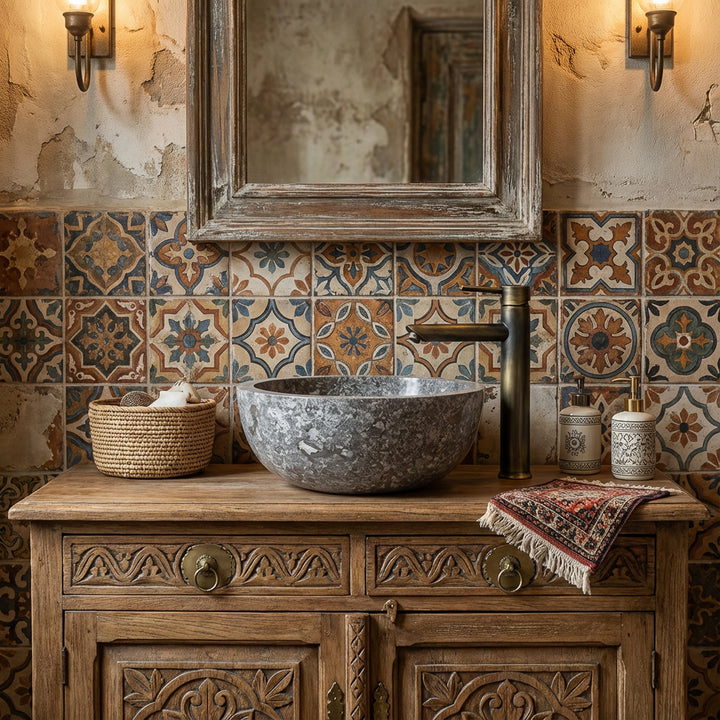 Lavabo redondo de piedra natural sobre un lavabo de madera con azulejos estampados en un ambiente de baño rústico oriental