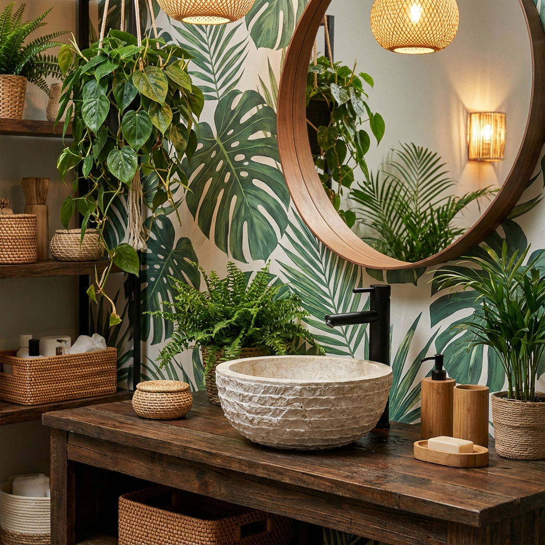 Lavabo redondo de piedra natural con superficie texturizada sobre una mesa de madera en un baño boho verde con plantas y luz cálida