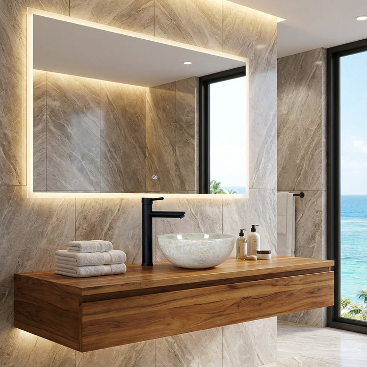 Lavabo sobre encimera redondo de piedra natural clara sobre un lavabo flotante de madera con accesorios negros en el moderno baño con vistas al mar