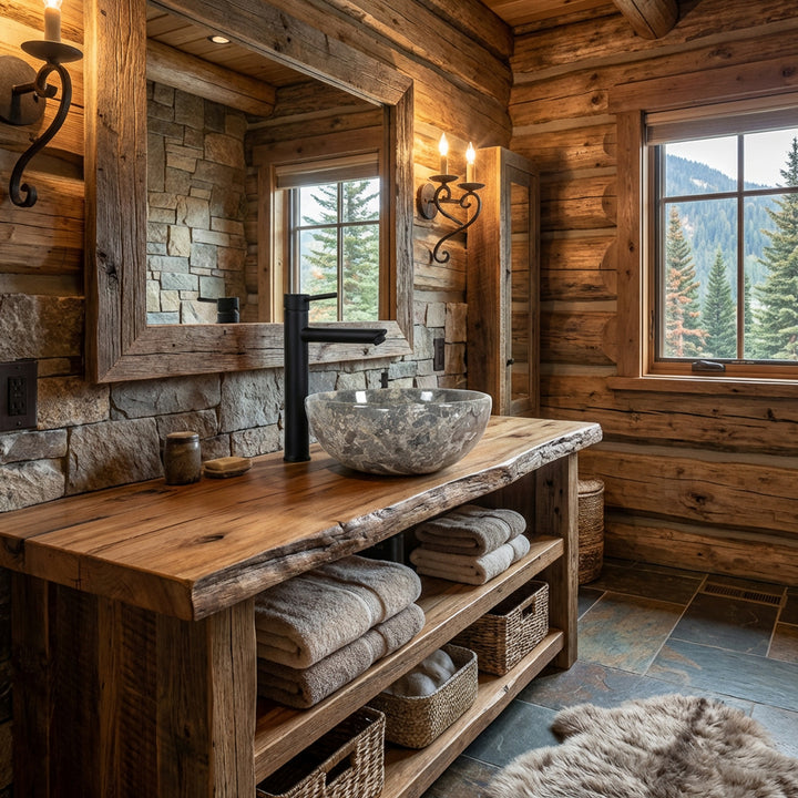 Lavabo redondo de piedra natural con vetas de color marrón grisáceo sobre un lavabo de madera maciza en el baño rústico del chalet, combinado con accesorios negros, paredes de piedra natural y luz cálida